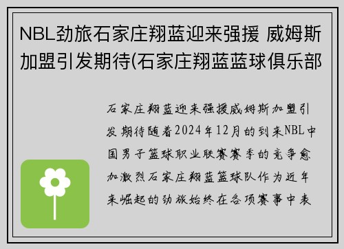 NBL劲旅石家庄翔蓝迎来强援 威姆斯加盟引发期待(石家庄翔蓝蓝球俱乐部)