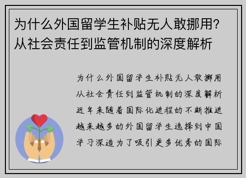 为什么外国留学生补贴无人敢挪用？从社会责任到监管机制的深度解析